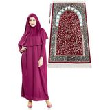 İhvan Fuşya Namaz Elbisesi - Ravza Motifli Seccade ve Tesbih - Ibadet Seti - L - XL - Bordo