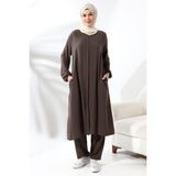 İhvan Kadın Hac ve Umre Kıyafeti Tesettür Ikili Takım Sütlü Kahve - 6XL