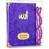 İhvan Online 10 Adet Kadife Kaplı Yasin Kitabı - Çanta Boy - İsim Baskılı Plaka - Tesbihli - Şeffaf Kutulu - Mor - Hediyelik Yasin Seti