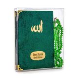 İhvan Online 10 Adet Kadife Kaplı Yasin Kitabı - Çanta Boy - İsim Baskılı Plaka - Tesbihli - Şeffaf Kutulu - Yeşil - Hediyelik Yasin Seti