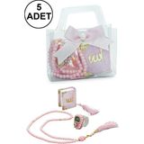 İhvan Online 5 Adet Çantalı Mevlüt Hediyelik - Zikirmatik Tesbih Mini Kuranı Kerim Seti - Pembe