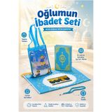 ihvan online Çantalı Erkek Çocuk İbadet Seti Mavi Kabe Motifli İsimli Seccade Orta Boy Kuranı Kerim Tesbihli