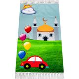 İhvan Online Dijital Baskılı Çocuk Seccadesi - Arabalı Camili - 44 x 78 cm - 44 x 75 cm - Açık Yeşil