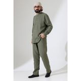 ihvan online Erkek Müslin Hakim Yaka Gömlek Pantolon İkili Takım, Modern Hac Umre Kıyafeti - Haki Yeşil (VŞN)