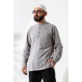 İhvan Online Erkek Pamuk Vual Rahat Kesim Hakim Yaka Yarım Pat Lacivert Hac Umre Gömlek - Gri - 2XL