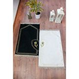 İhvan Online Gül Nakışlı Astarsız Çiftler Için Kalpli Yumuşak Dokulu Şönil Seccade Seti Siyah Krem - 72 x 127 cm - Siyah - Beyaz