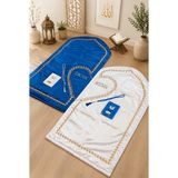 İhvan Online Kişiye Özel Isimli Kalpli Seccade Gelin Damat Bohçası Çift Seccadesi Çeyizlik Hediyelik Set Mavi Krem - Krem - Mavi - 117 x 67 cm