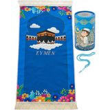 İhvan Online Silindir Kutulu Tesbihli Isme Özel Nakış Işlemeli Çocuk Seccade Seti Mavi - 45 x 80 cm