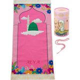 İhvan Online Silindir Kutulu Tesbihli Isme Özel Nakış Işlemeli Çocuk Seccade Seti Pembe - 45 x 80 cm