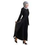 İhvan Online Siyah İkili Abaya Transparan Kristal Taşlı Kemerli Tesettür Ferace Siyah 42