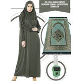 İhvan Tek Parça Namaz Elbisesi - Haki - 5015&Seccade&Zikirmatik - Üçlü Takım