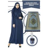 İhvan Tek Parça Namaz Elbisesi - Lacivert - 5015 ve Seccade ve Zikirmatik - Üçlü Takım