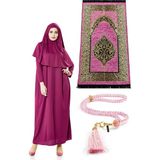 İhvan Tek Parça Namaz Elbisesi - Seccade - Tesbih - Ibadet Seti - Fuşya - L - XL