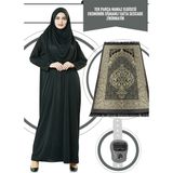 İhvan Tek Parça Namaz Elbisesi - Siyah - 5015 ve Seccade ve Zikirmatik - Üçlü Takım - 2XL - 3XL