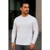 İkales Ikales Erkek Bisiklet Yuvarlak Yaka Triko Kazak Pamuklu Kalın Fitilli Dokuma, Regular Fit Uzun Kollu Kışlık Model - Beyaz - XL