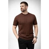 İkales Ikales Erkek Yazlık Triko Dokuma Tişört Kısa Kol Bisiklet Yaka Örgü Desenli T-Shirt - Kahverengi