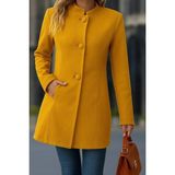 İkales Ikales Kadın Uzun Kollu Hakim Yakalı Önden Düğmeli Cep Detaylı Kısa Kaşe Kaban - 2XL - 3XL - Sarı