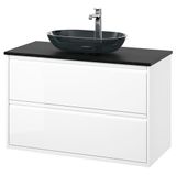 IKEA ANGSJÖN/TOLKEN/OXMYREN lavabo dolabı kombinasyonu parlak cila beyaz-siyah mermer görünüm - 89521582
