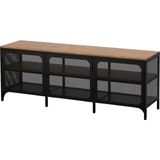 Ikea Fjällbo Tv Sehpası 150 x 54 cm Siyah Çelik ve Masif Çam Kumanda Sinyallerini Geçirir Metal Kafesli Depolamalı - 150x54 cm