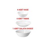 IKEA Quality 4 Adet Çap 20 Cm Yemek Tabağı 4 Adet 15 Cm Kase 1 Adet Salata Kase 23 Cm Temperli Cam