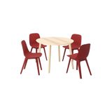 IKEA Yemek Masası Takımı, Beyaz Dişbudak Masa, Kırmızı Sandalyeler, 105 cm Çap, 74 cm Yükseklik