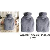 İki ADET SICAK SU TORBASI YAN CEPLİ GRİ PELUŞ TERMOFOR 27x17x2cm 1 LİTRE