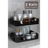 Iki Katlı Çok Amaçlı Makyaj ve Kozmetik Organizer, Siyah, Banyo ve Takı Düzenleyici - Ahşap