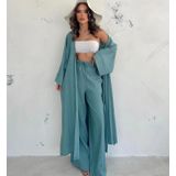 İki Parça Krinkıl Kumaş Takım, Geniş Paça Pantolon ve Uzun Kimeno Mint Yeşili, Yazlık (Mint Yeşili, S)