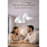 Ikili Beton Görünümlü Şapka Avize Sarkıt Loft Stil Modern, Vegan, Çevre Dostu, Salon Mutfak - 2 - Beyaz
