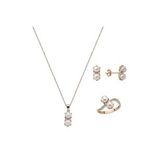 İkili İnci Küpe Kolye Yüzük Üçlü Set (Rose)