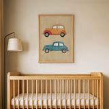 İkili Nostaljik Arabalar Çocuk Odası Duvar Posteri Çerçeveli Tablo Duvar Dekorasyonu - 21 x 30 - Ahşap Çerçeveli