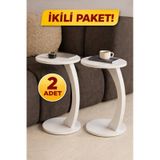 İkili Tekerlekli C Tasarım Beyaz Yan Sehpa Modern Hareketli Sehpa Salon Ve Oturma Odası Beyaz