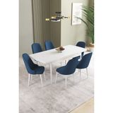 Ikon Beyaz 80X132 Mdf Açılabilir Yemek Masası Takımı 6 Adet Sandalye - Lacivert