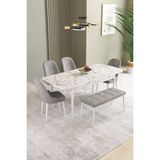 Ikon Beyaz Mermer Desen 80X132 Mdf Açılabilir Mutfak Masası Takımı 4 Sandalye, 1 Bench - Gri