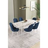 Ikon Beyaz Mermer Desen 80X132 Mdf Açılabilir Yemek Masası Takımı 6 Adet Sandalye - Lacivert