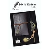 İkon store Tüylü Divit Kalem ve Deri Kapaklı Vintage Anı-Seyahat Defteri Seti