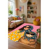 İkonik Kadın Ve Kedi Desenli Baskılı Kaymaz Yıkanabilir Salon Oturma Odası Mutfak Balkon Halısı Yolluk 160 X 230 Cm Çok Renkli