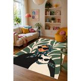 İkonik Kadın Ve Kedi Figürlü Baskılı Kaymaz Yıkanabilir Salon Oturma Odası Mutfak Balkon Halısı Yolluk 200 X 300 Cm Çok Renkli