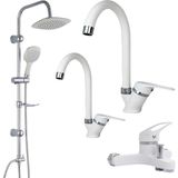İksa Su Armatürleri Beyaz Krom 4'lü Sürgülü Duş Seti Lavabo-Mutfak-Banyo-Eviye Batarysı Musluğu Çeşmesi