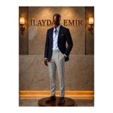 ilayda emir Erkek 3'lü Takım Kombin Lacivert Blazer Ceket Gömlek Gri Kumaş Pantolon Slim Fit Klasik Şık