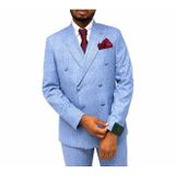 İlayda Emir, Erkek Mavi Glen Ekose Çift Sıra Düğmeli Takım Elbise, 48 Beden | Blazer ve Pantolon, Kırmızı Çizgi Detay, Klasik Yaka, Resmi Giyim, Slim Kesim