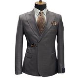 İLAYDA EMİR, Erkek Slim Fit Takım Elbise, Gri, Tepe Yaka, Kemer Detaylı, 52 Beden