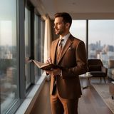 İlayda Emir Erkek Takım Elbise, Mono Yaka, Blazer, Slımfıt, Kahverengi - Kahve - Açık Kahve - 6 Drop - 52