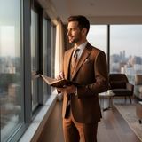 İlayda Emir Erkek Takım Elbise, Mono Yaka, Blazer, Slımfıt, Kahverengi - Kahve - Açık Kahve - 6 Drop - 58