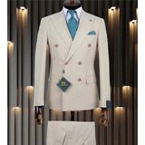 İlayda Emir Özel Tasarım, Kruvaze, Kırlangıç Yaka, Slim Fit, Çizgili, Erkek Takım Elbise, Krem - 6 Drop - 58