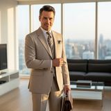 İlayda Emir Slim Fit, 3 Parça Takım Elbise, Erkek Klasik Yelekli, Premium Kumaş, Ofis ve Özel Gün Takımı - Krem - 6 Drop - 52