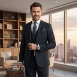 İlayda Emir Slim Fit, 3 Parça Takım Elbise, Erkek Klasik Yelekli, Premium Kumaş, Ofis ve Özel Gün Takımı - Lacivert - 6 Drop - 56