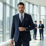 İlayda Emir Slim Fit, 3 Parça Takım Elbise, Erkek Klasik Yelekli, Premium Kumaş, Ofis ve Özel Gün Takımı - Navy Blue - 6 Drop - 54