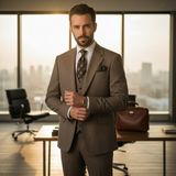İlayda Emir Slim Fit, 3 Parça Takım Elbise, Erkek Klasik Yelekli, Premium Kumaş, Ofis ve Özel Gün Takımı - Vizon - 6 Drop - 56