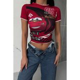 İlayda Toprak Araba Dijital Baskılı Kırmızı Kısa Kollu Crop Bluz